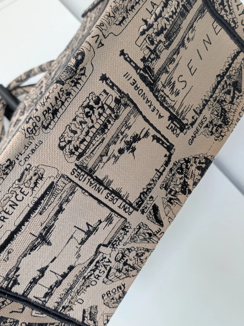 Dior Medium Book Tote In Plan De Paris Embroidered Black And Beige Canvas